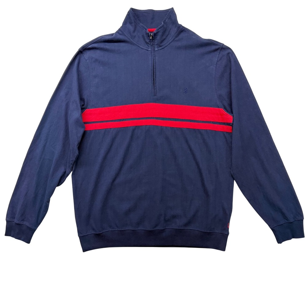 Izod Mens XLT Navy Blue Red Stripe Quarter Zip Pullover Cotton Long Sleeve Shirt